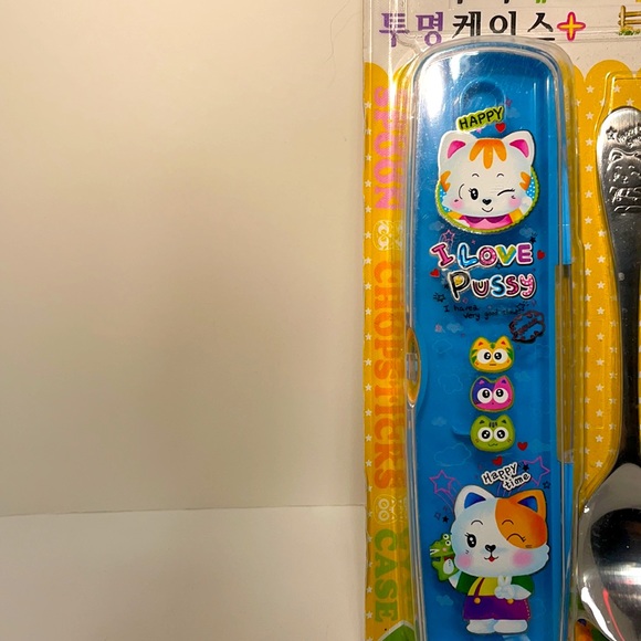 Vintage 2000 Made in Korea " I love Puzzy" Kitten Spoon, Chop Sticks & Case Set - Picture 6 of 7